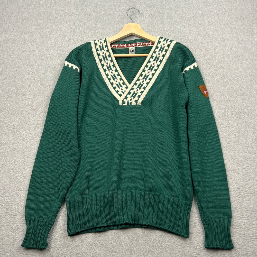 VTG Dale of Norway Alpina Sweater Womens Large Green Nordic V-Neck Wool Pullover